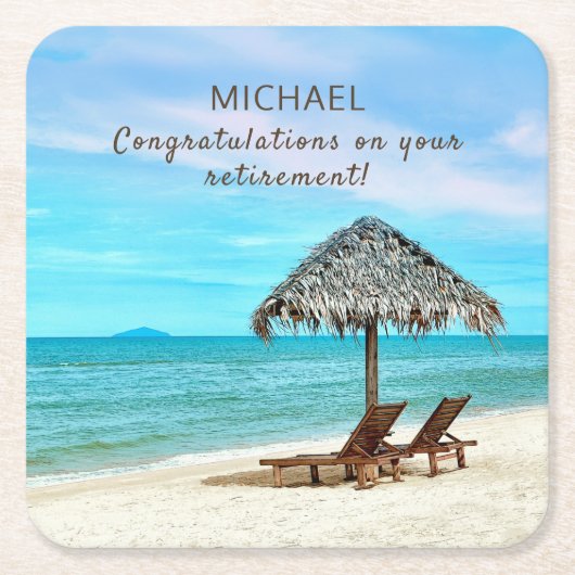 退職カスタム文字熱帯ビーチをテーマにした スクエアペーパーコースター (正面)