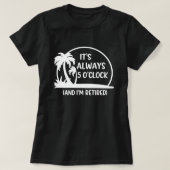 退職サマー、「いつでも5時だよ」ヤシの木 Tシャツ (デザイン正面)