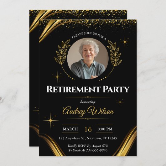 退職パーティの招待状エレガントブラック金ゴールド 招待状 (正面/裏面)