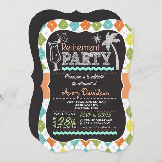 退職パーティの招待状カラフルレトロアーガイル 招待状 (正面/裏面)