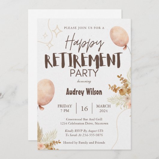 退職パーティの招待状ハッピーブラウンベージュ 招待状 (正面/裏面)