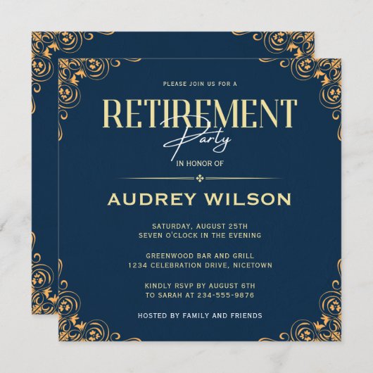 退職パーティの招待状ブルーネイビー 招待状 (正面/裏面)