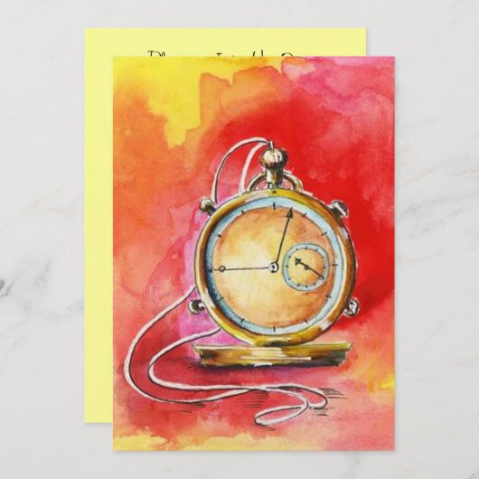 退職パーティの招待状金ゴールド懐中時計 招待状 (正面/裏面)