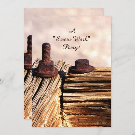 退職パーティの招待状、おもしろいねじ作業 招待状 (正面/裏面)