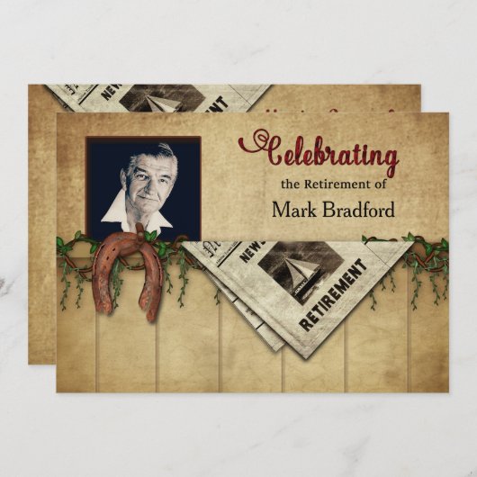 退職パーティの招待状、写真、馬靴 招待状 (正面/裏面)
