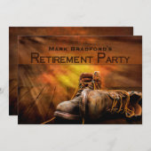 退職パーティの招待状、古いワークブーツ、日没 招待状 (正面/裏面)