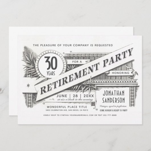退職パーティの招待状|最高のヴィンテージ 招待状 (正面/裏面)