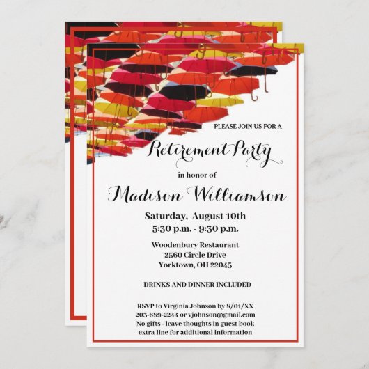 退職パーティーおもしろい飛んでいる傘 招待状 (正面/裏面)
