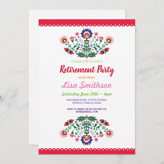 退職パーティーのフェスタのメキシコ人の花柄 招待状 (正面/裏面)