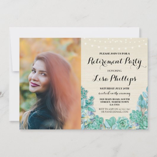 退職パーティーのミントの花のSucculentsの写真 招待状 (正面)