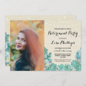 退職パーティーのミントの花のSucculentsの写真 招待状 (正面/裏面)