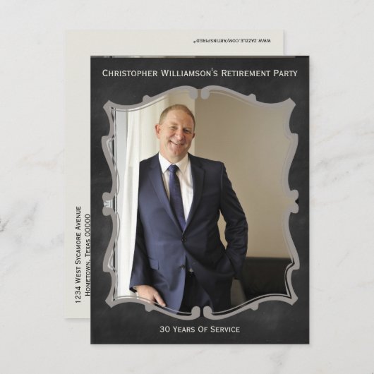 退職パーティーの写真カードヴィンテージの招待状 案内ポストカード (正面/裏面)