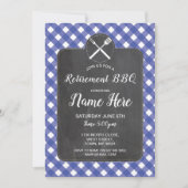 退職パーティーの招待の青いギンガムBBQのチョーク 招待状 (正面)