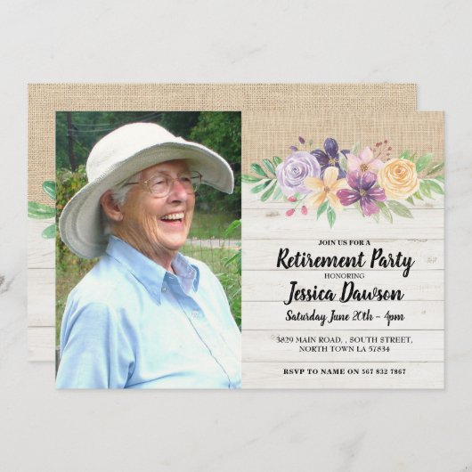 退職パーティーの木製のバーラップの花の素朴な写真 招待状 (正面/裏面)