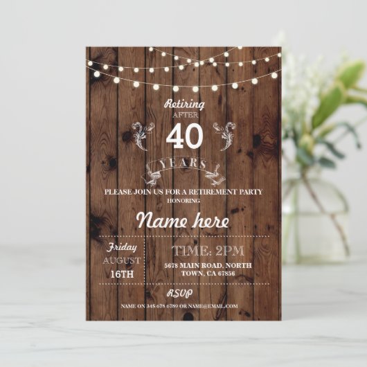 退職パーティーの素朴で退職したな木製の応援の招待 招待状 (スタンド正面)
