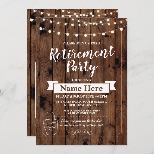 退職パーティーの素朴なバケツのリストの木製の招待 招待状 (正面/裏面)