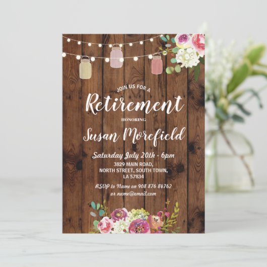 退職パーティーの素朴な瓶の木製の花の招待 招待状 (スタンド正面)