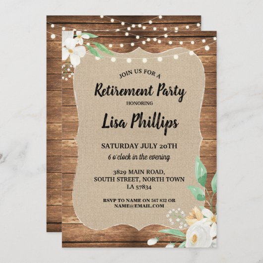 退職パーティーの素朴な白い花木バーラップ 招待状 (正面/裏面)