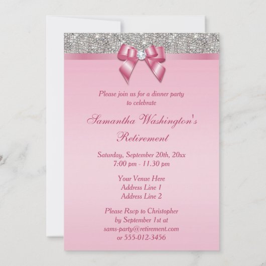 退職パーティーの銀の宝石のピンクのフェイクな弓 招待状 (裏面)