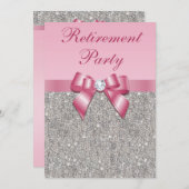 退職パーティーの銀の宝石のピンクのフェイクな弓 招待状 (正面/裏面)