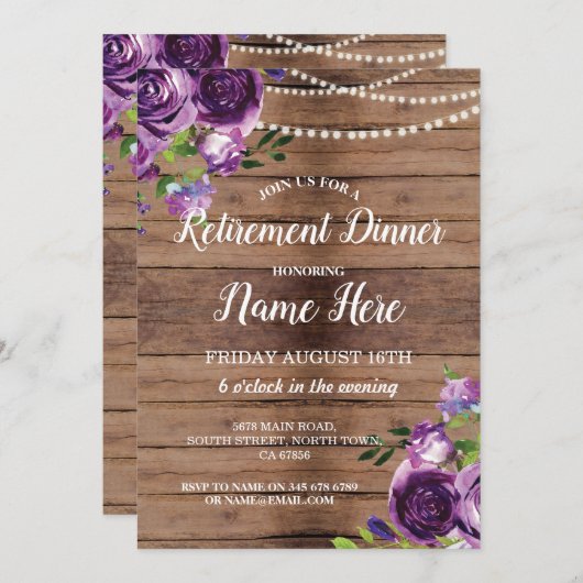 退職パーティーは紫色の木製の花の招待を退職させます 招待状 (正面/裏面)