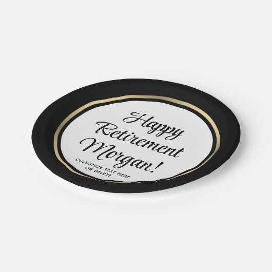 退職パーティーエレガントブラックおよび金ゴールド縁ど ペーパープレート (アングル)