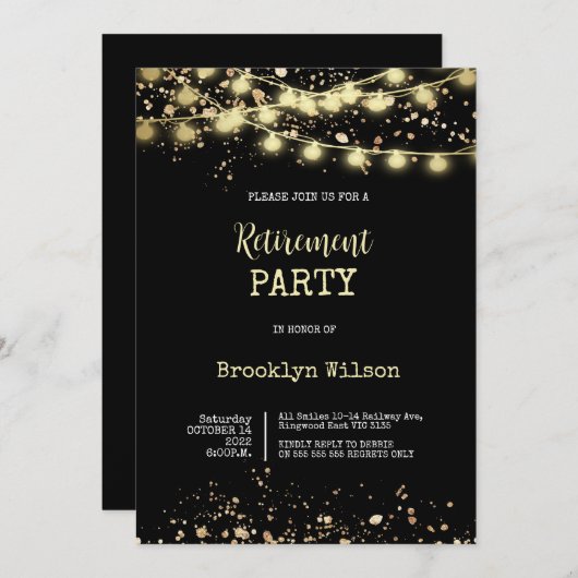 退職パーティーエレガントブラックおよび金ゴールド 招待状 (正面/裏面)
