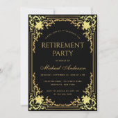 退職パーティーエレガント黒フェイク金ゴールドヴィンテージ 招待状 (正面)