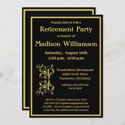 退職パーティーエレガント黒金ゴールド 招待状 (正面/裏面)