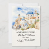 退職パーティーカラフルギリシャビレッジヒル 招待状 (正面)