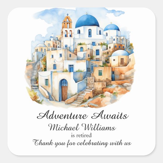 退職パーティーカラフルギリシャ村海 スクエアシール (正面)