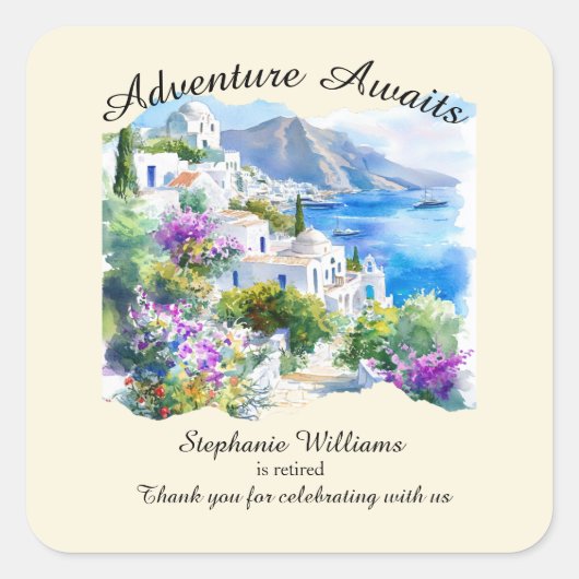 退職パーティーカラフルギリシャ村海 スクエアシール (正面)