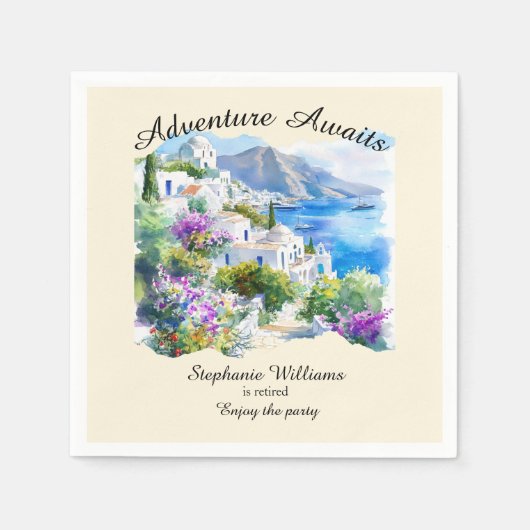 退職パーティーカラフルギリシャ村海 スタンダードカクテルナプキン (正面)