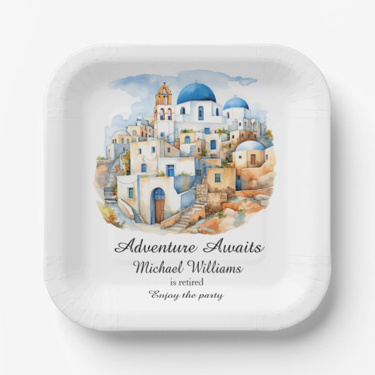 退職パーティーカラフルギリシャ村海 ペーパープレート (正面)