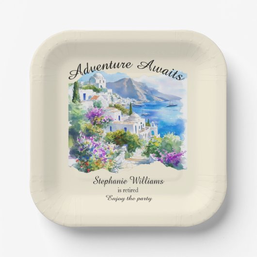 退職パーティーカラフルギリシャ村海 ペーパープレート (正面)