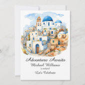 退職パーティーカラフルギリシャ村海 招待状 (正面)