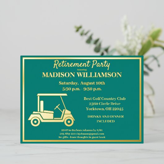 退職パーティーゴルフ実在金ゴールド 箔招待状 (立ち正面)