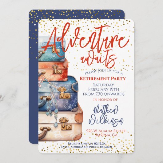 退職パーティースーツケースアドベンチャー待ち 招待状 (正面/裏面)