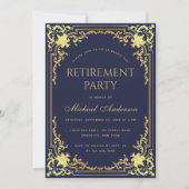 退職パーティーネイビーエレガントルフェイクゴールドフォイル 招待状 (正面)