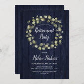 退職パーティーネイビーブルーボタニカルリース 招待状 (正面/裏面)