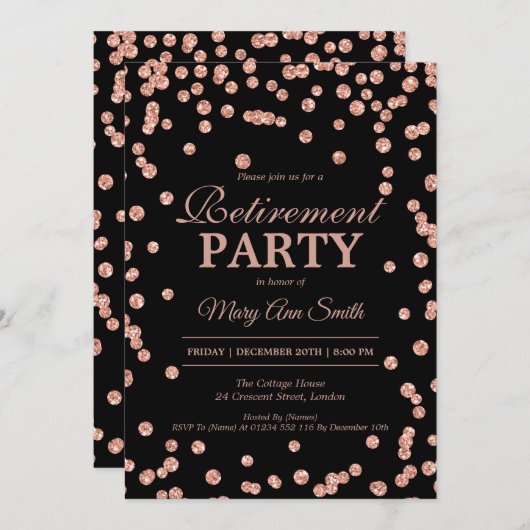 退職パーティーバラ金ゴールドグリッター紙吹雪 招待状 (正面/裏面)