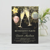 退職パーティーバルーン金ゴールドグリッター黒 招待状 (スタンド正面)