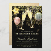 退職パーティーバルーン金ゴールドグリッター黒 招待状 (正面/裏面)