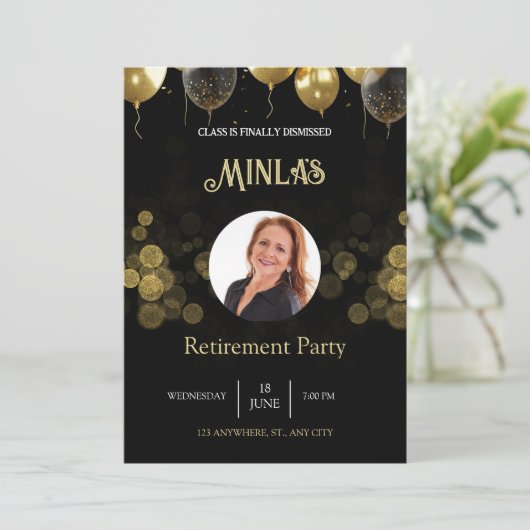 退職パーティーパーソナライズされた金ゴールドブラックカード 招待状 (スタンド正面)