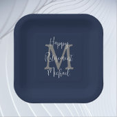 退職パーティーブルーホワイトグレー名モノグラム ペーパープレート