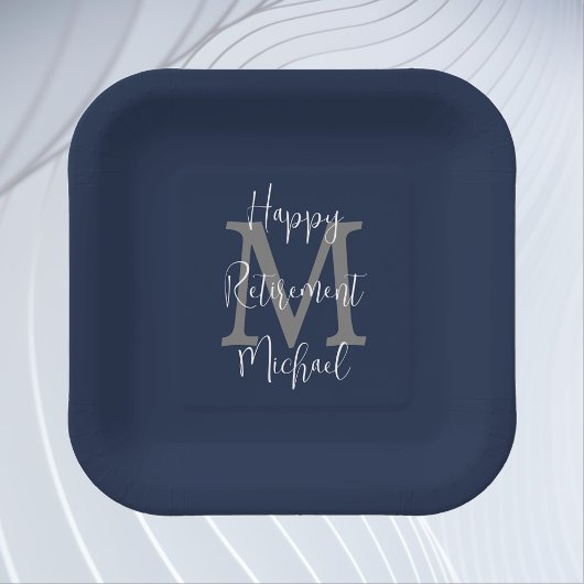 退職パーティーブルーホワイトグレー名モノグラム ペーパープレート