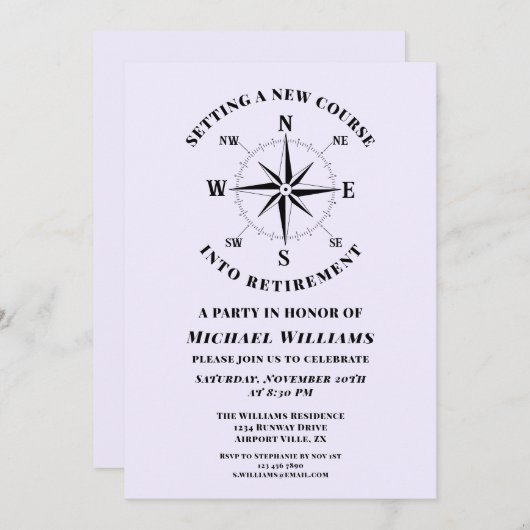 退職パーティーミニマリストコンパス方位 招待状 (正面/裏面)