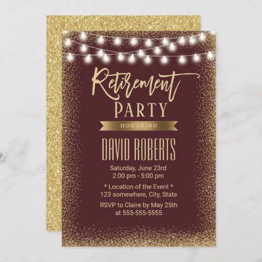 退職パーティーモダンブルガンディーレッド金ゴールドグリッター 招待状 (正面/裏面)