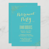 退職パーティーモダン金ゴールドドットターコイズ 招待状 (正面/裏面)