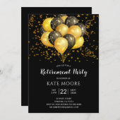 退職パーティーモダン金ゴールドブラックバルーン黒 招待状 (正面/裏面)